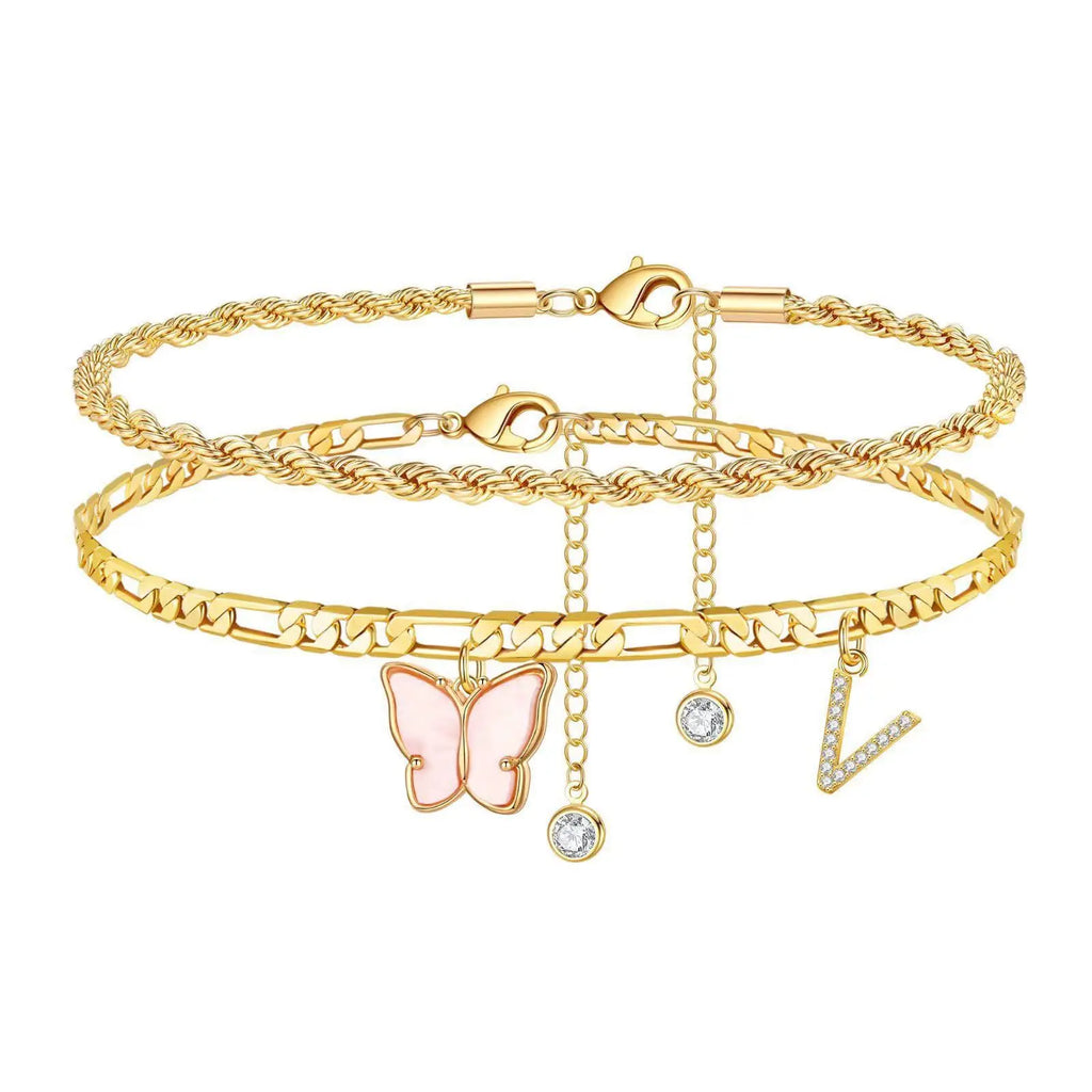 NOVAFLY - 
2Pcs Stainless Steel Initial Anklet Set For Women 26 Letter Acrylic Butterfly Charm Chain On Foot Summer Ankle Bracelet Jewelry