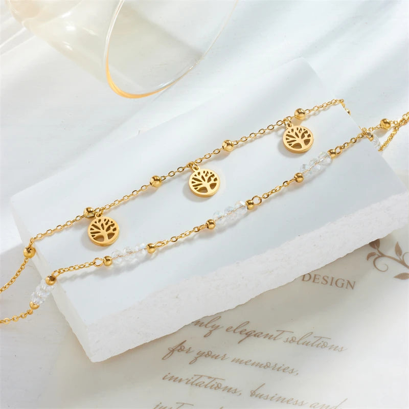 Dorelle - 
DIEYURO 316L Stainless Steel Gold Color Double Layer Tree Charm Anklets For Women Girl New Trend Leg Chain Waterproof Jewelry