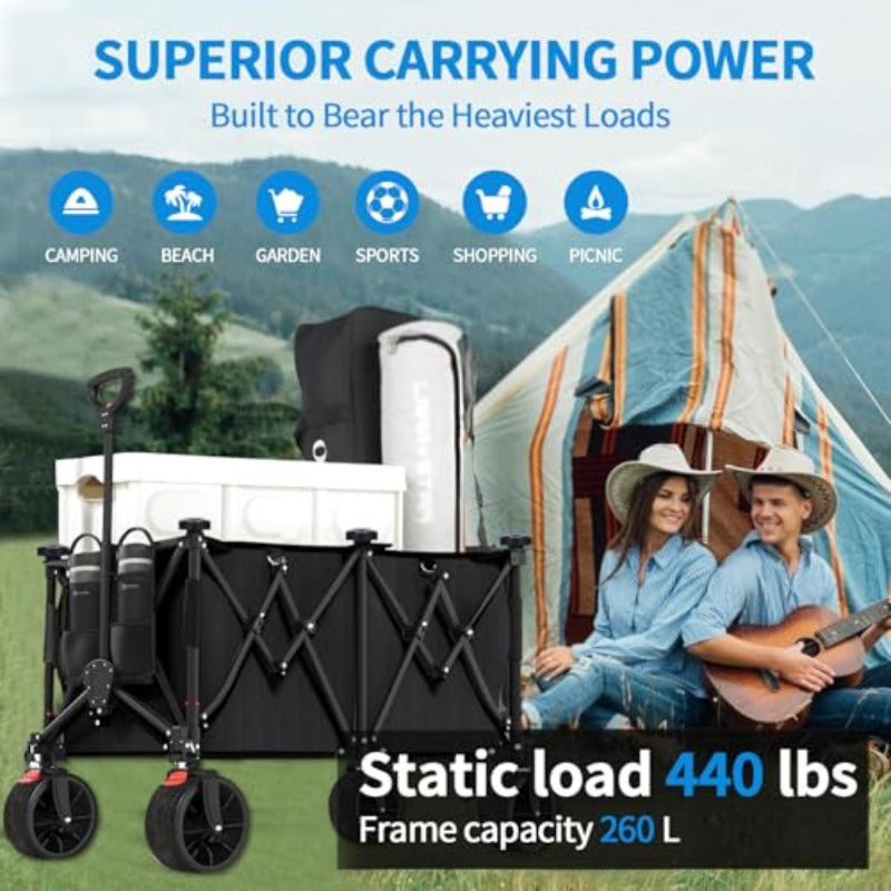 260L Heavy Duty Collapsible Utility Wagon | Foldable Garden/Beach Cart with 199.58KG Weight Capacity, Adjustable Handle, Mesh Cup Holder, and Brakes, Iron and Plastic Construction, No Electricity Required