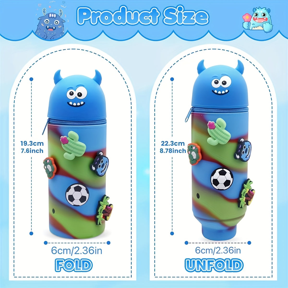 Silicone Pencil Case, 2-in-1 Cute Blue Monster Stationery Pouch, Multi-functional Design, Large Capacity Zippered Roll-up Pen Bag, Expandable Silicone Desktop Pencil Holder, Creative School Supplies