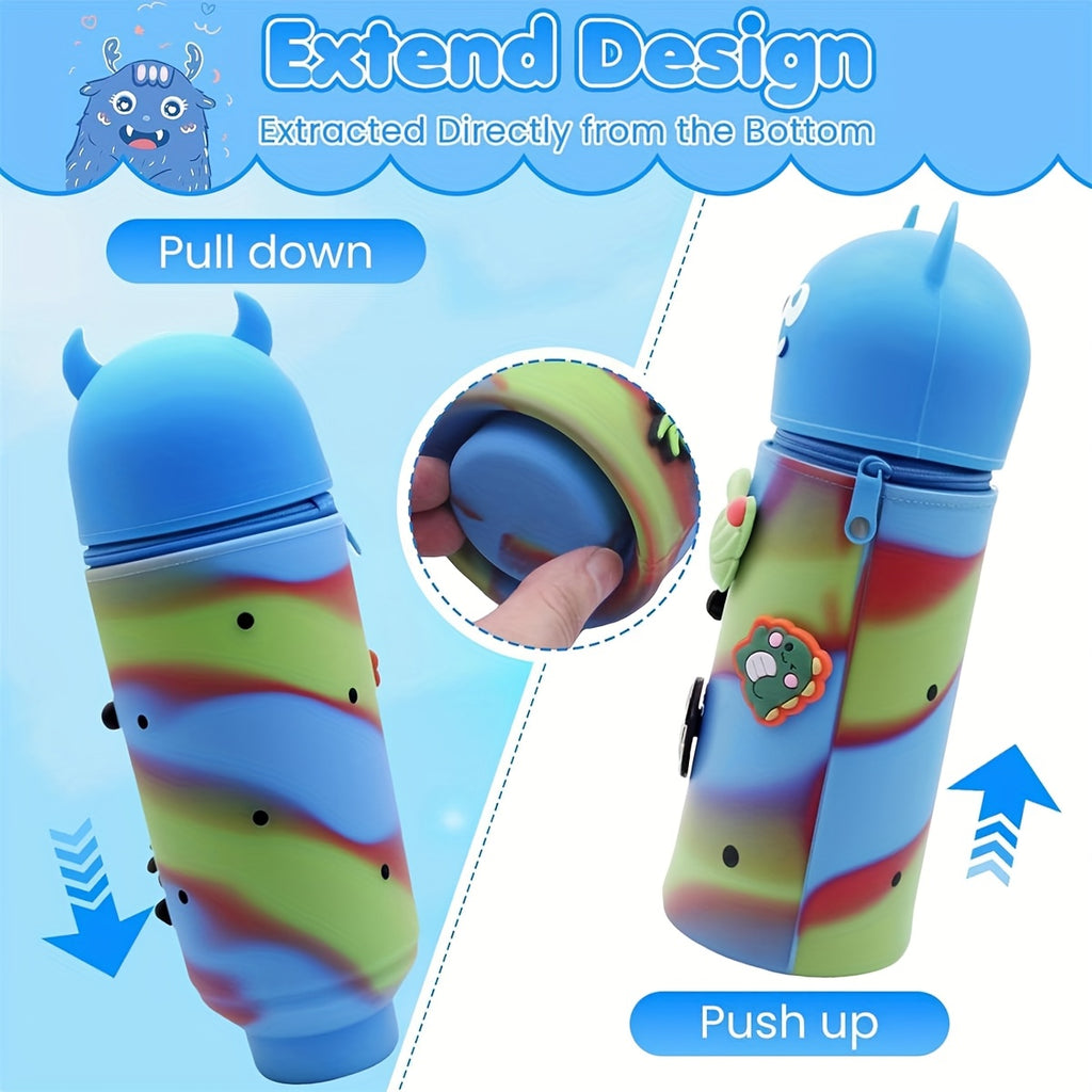 Silicone Pencil Case, 2-in-1 Cute Blue Monster Stationery Pouch, Multi-functional Design, Large Capacity Zippered Roll-up Pen Bag, Expandable Silicone Desktop Pencil Holder, Creative School Supplies