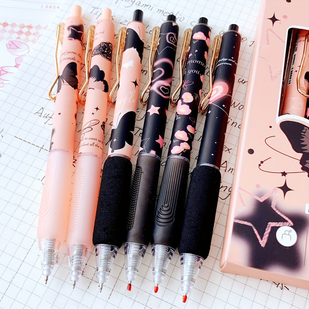 6-Pack High-Quality Metal Barrel Ballpoint Pens, New Year Gift, 0.5mm Black Click Pens, Black Frost Butterfly Design