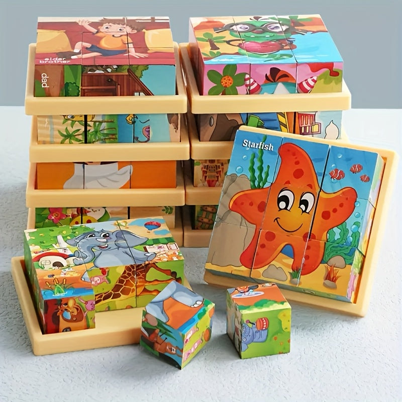 Six sides Wooden Blocks Cube Puzzles for Kids - Wooden Jigsaw Puzzles 9 Cubes Blocks, Ocean World Animals Theme, Educational Toy for Concentration, Sorting, Logical Thinking, Ideal for Festive Gifts
