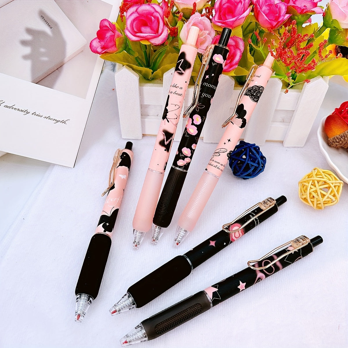 6-Pack High-Quality Metal Barrel Ballpoint Pens, New Year Gift, 0.5mm Black Click Pens, Black Frost Butterfly Design