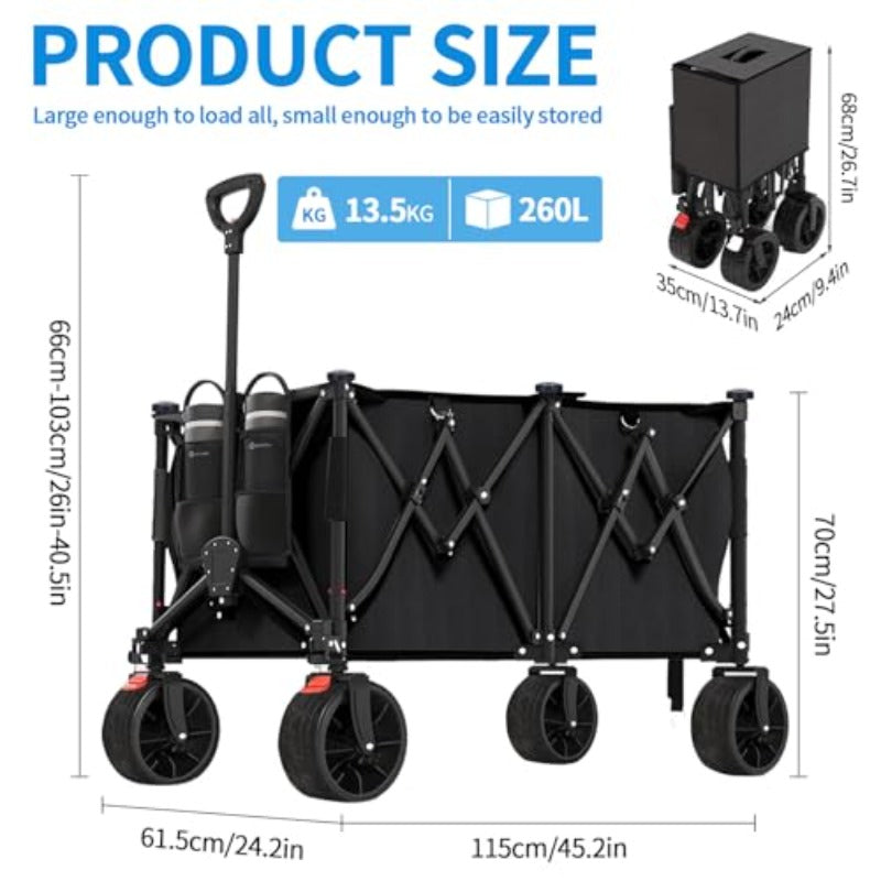260L Heavy Duty Collapsible Utility Wagon | Foldable Garden/Beach Cart with 199.58KG Weight Capacity, Adjustable Handle, Mesh Cup Holder, and Brakes, Iron and Plastic Construction, No Electricity Required