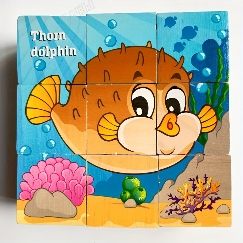 Six sides Wooden Blocks Cube Puzzles for Kids - Wooden Jigsaw Puzzles 9 Cubes Blocks, Ocean World Animals Theme, Educational Toy for Concentration, Sorting, Logical Thinking, Ideal for Festive Gifts