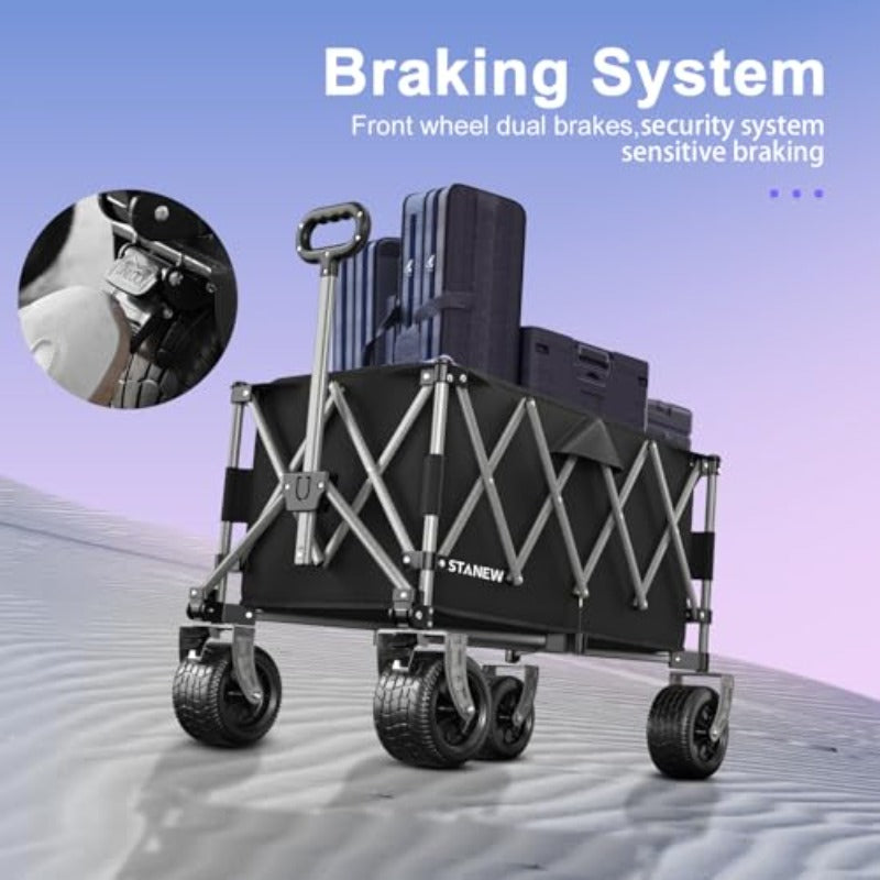 Heavy-Duty Collapsible Utility Wagon Cart - Foldable -Terrain Trolley Suitable for Garden, Beach & Picnic with Adjustable Handle, Brakes, Capacity for Groceries, Lawn Equipment, Outdoor Transport - Portable Cart for Desert, M